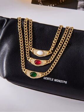 18K Gold Plated Red, Green, and White Stone Necklace